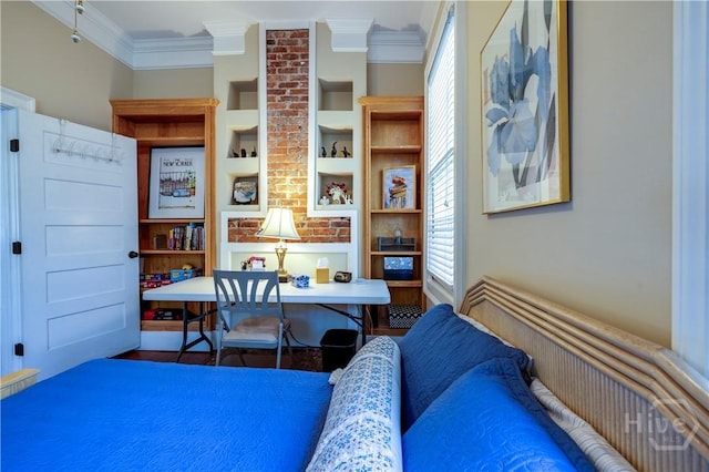 120 Brady St, Savannah, GA 31401 - bedroom with ornamental molding, wood finished floors, and a desk
