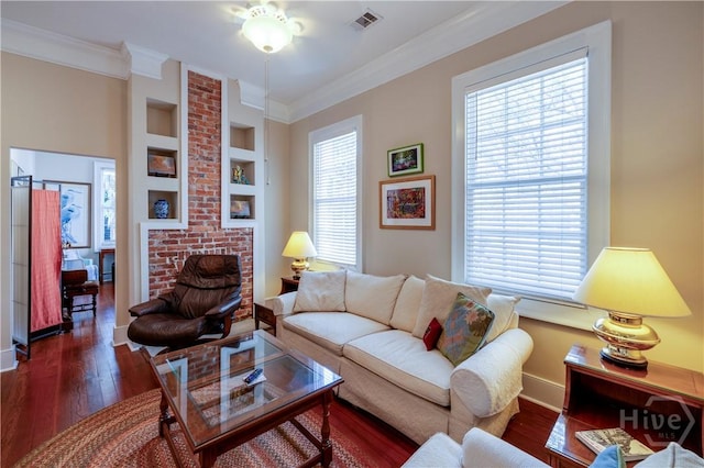 120 Brady St, Savannah, GA 31401 - living room featuring wood finished floors, ornamental molding, baseboards, ceiling fan, and built in features