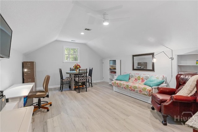 245 Montauk Dr, Richmond Hill, GA 31324 - office area with light wood-style flooring, a ceiling fan, vaulted ceiling, and baseboards