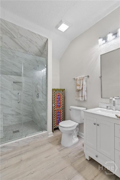 245 Montauk Dr, Richmond Hill, GA 31324 - bathroom with vaulted ceiling, wood finished floors, toilet, a shower stall, and vanity