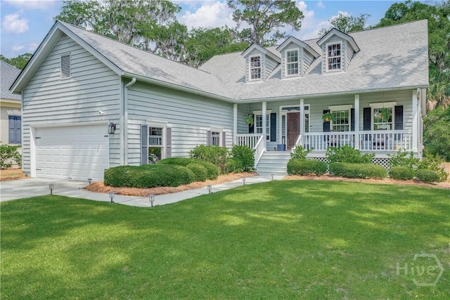 22 Sparnel Rd, Savannah, GA 31411 - cape cod home with covered porch, a front lawn, an attached garage, driveway, and roof with shingles