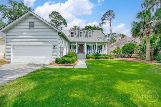 22 Sparnel Rd, Savannah, GA 31411 - cape cod house featuring a porch, driveway, a front lawn, and an attached garage