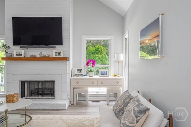22 Sparnel Rd, Savannah, GA 31411 - living area featuring wood finished floors, lofted ceiling, healthy amount of natural light, and a fireplace