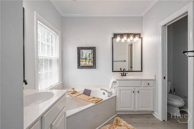 22 Sparnel Rd, Savannah, GA 31411 - full bath with toilet, a bath, wood finished floors, vanity, and ornamental molding