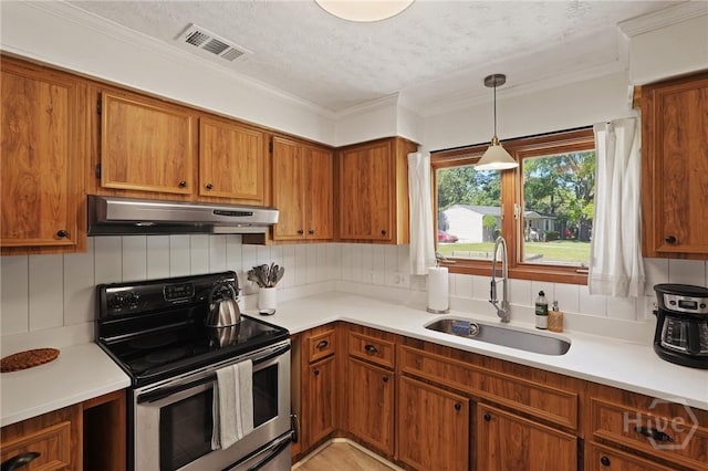 355 Riverview Dr, Savannah, GA 31404 - kitchen featuring electric range, under cabinet range hood, a sink, brown cabinets, and ornamental molding