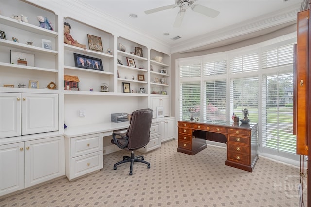 4 Longwater Ln, Savannah, GA 31411 - office area with crown molding, a ceiling fan, built in study area, light carpet, and baseboards