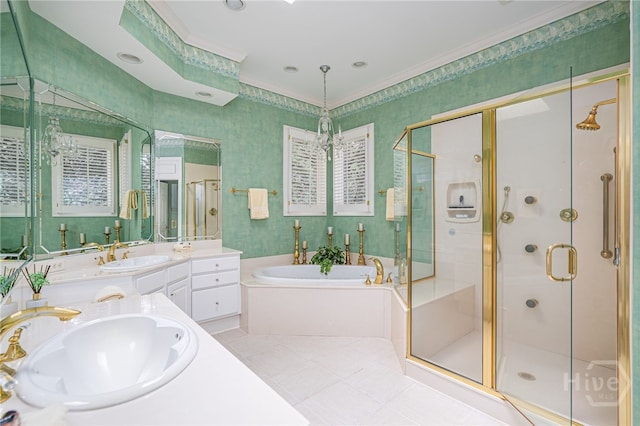 4 Longwater Ln, Savannah, GA 31411 - full bath with a bath, ornamental molding, a shower stall, vanity, and tile patterned flooring