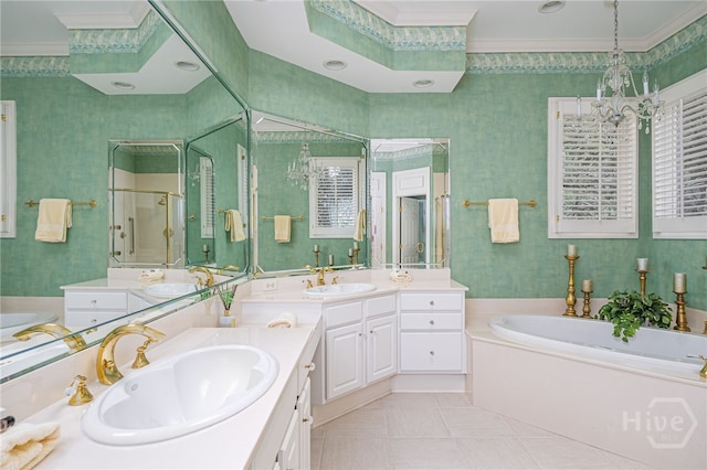 4 Longwater Ln, Savannah, GA 31411 - bathroom with crown molding, a bath, wallpapered walls, a shower stall, and vanity
