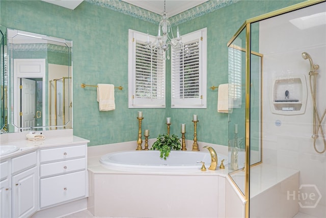4 Longwater Ln, Savannah, GA 31411 - full bathroom featuring a stall shower, a garden tub, vanity, and a chandelier