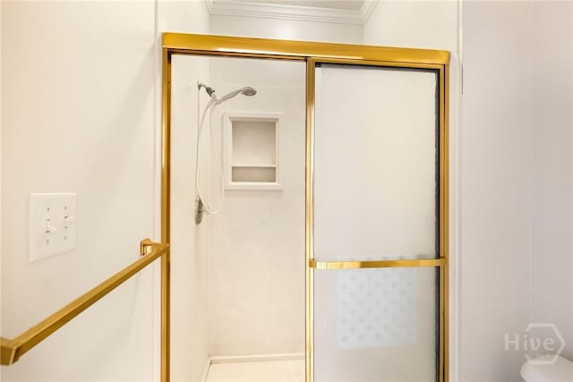 205 Meadowlark Cir, Savannah, GA 31419 - bathroom with a stall shower, crown molding, and toilet