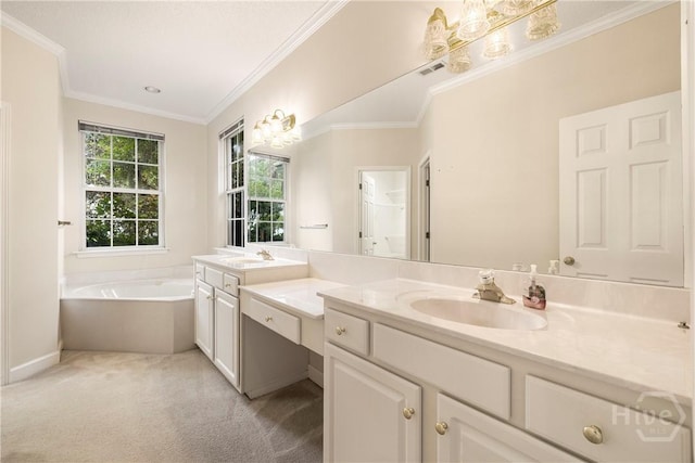 205 Meadowlark Cir, Savannah, GA 31419 - bathroom with a garden tub, vanity, ornamental molding, a chandelier, and baseboards
