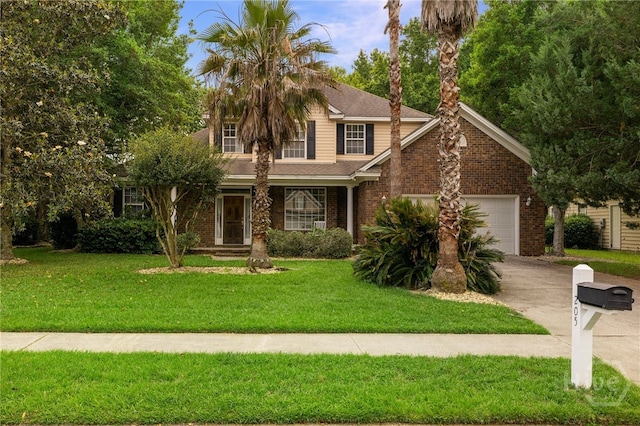 205 Meadowlark Cir, Savannah, GA 31419 - traditional home with driveway, a front yard, a garage, and brick siding