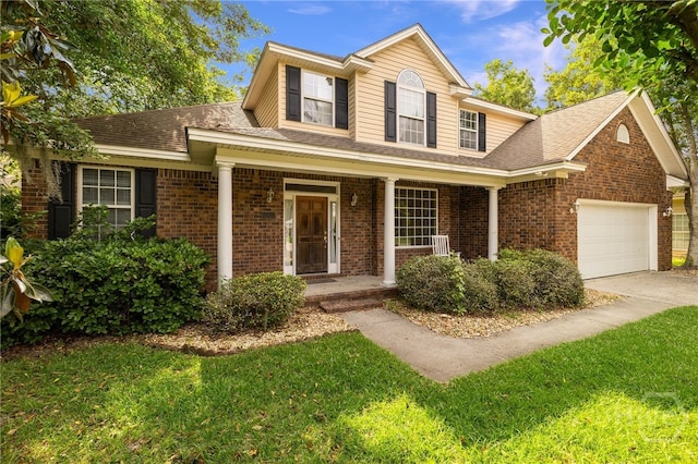 205 Meadowlark Cir, Savannah, GA 31419 - view of front of house with brick siding, a porch, an attached garage, a front yard, and concrete driveway