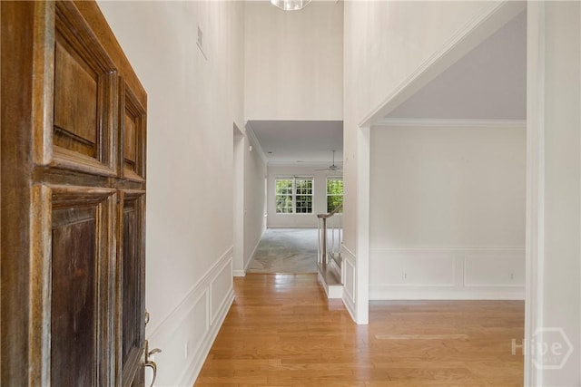 205 Meadowlark Cir, Savannah, GA 31419 - corridor featuring a decorative wall, light wood finished floors, crown molding, and wainscoting