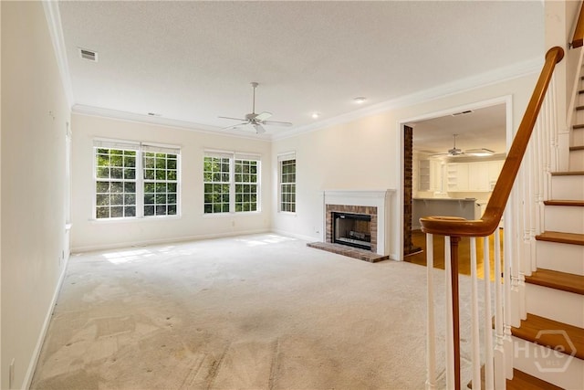 205 Meadowlark Cir, Savannah, GA 31419 - unfurnished living room with ceiling fan, ornamental molding, baseboards, and stairs