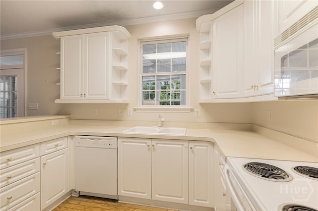 205 Meadowlark Cir, Savannah, GA 31419 - kitchen featuring open shelves, white appliances, a sink, crown molding, and white cabinetry