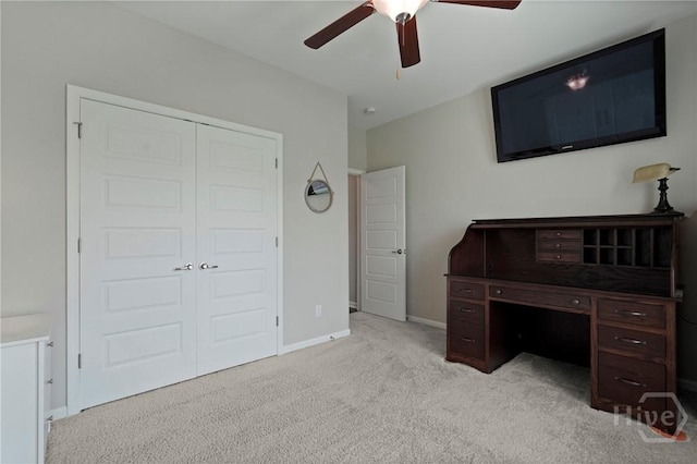 2 Chimney Ct, Savannah, GA 31407 - home office with a ceiling fan, light carpet, and baseboards