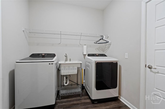 2 Chimney Ct, Savannah, GA 31407 - laundry area with washer and clothes dryer, dark wood-style flooring, and baseboards