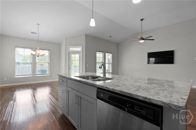 2 Chimney Ct, Savannah, GA 31407 - kitchen with stainless steel dishwasher, a sink, open floor plan, dark wood finished floors, and lofted ceiling
