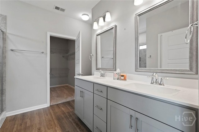2 Chimney Ct, Savannah, GA 31407 - bathroom featuring wood finished floors, a walk in closet, double vanity, baseboards, and a shower with door
