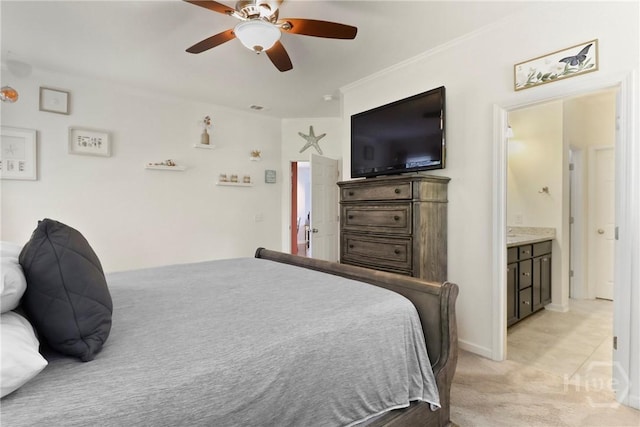 402 Southwilde Way, Pooler, GA 31322 - bedroom with crown molding, a ceiling fan, light colored carpet, and connected bathroom