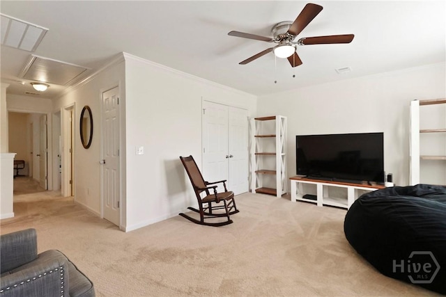402 Southwilde Way, Pooler, GA 31322 - living room with carpet floors, ceiling fan, attic access, baseboards, and ornamental molding