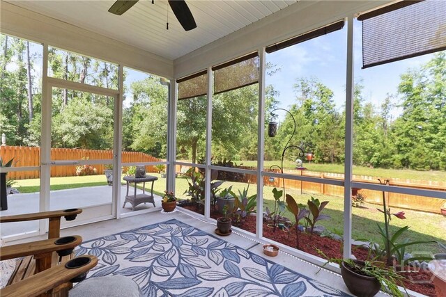 402 Southwilde Way, Pooler, GA 31322 - sunroom with a ceiling fan, view of scattered trees, and plenty of natural light