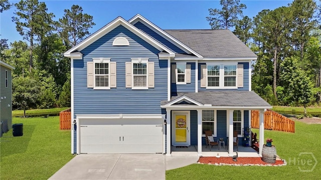 402 Southwilde Way, Pooler, GA 31322 - view of front of home with covered porch, an attached garage, concrete driveway, a front lawn, and a shingled roof