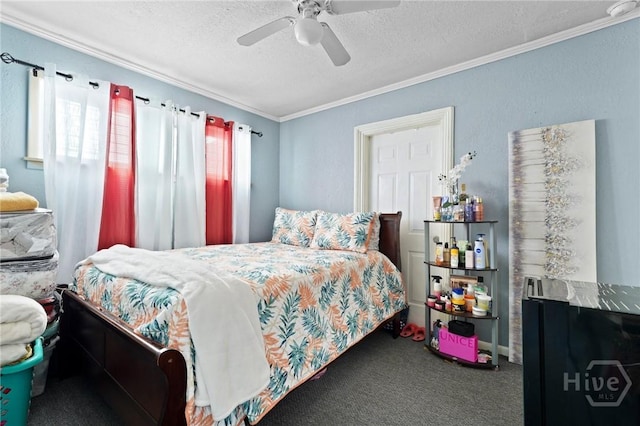 514 W 38th St, Savannah, GA 31415 - carpeted bedroom with a textured ceiling, crown molding, and ceiling fan
