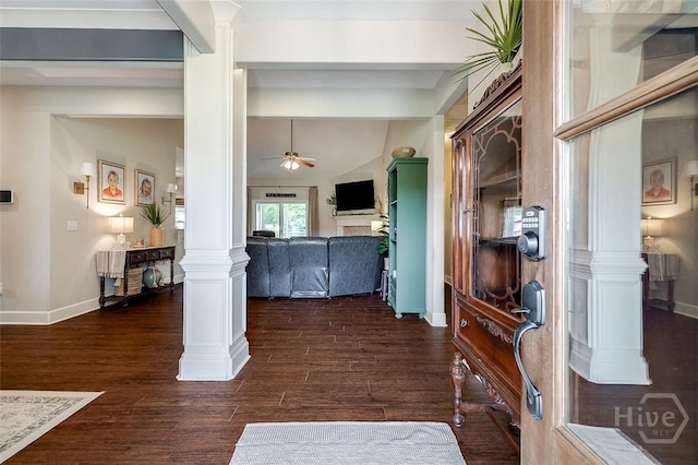 109 Oaklawn Dr, Rincon, GA 31326 - entryway featuring ornate columns, ceiling fan, baseboards, and dark wood-type flooring