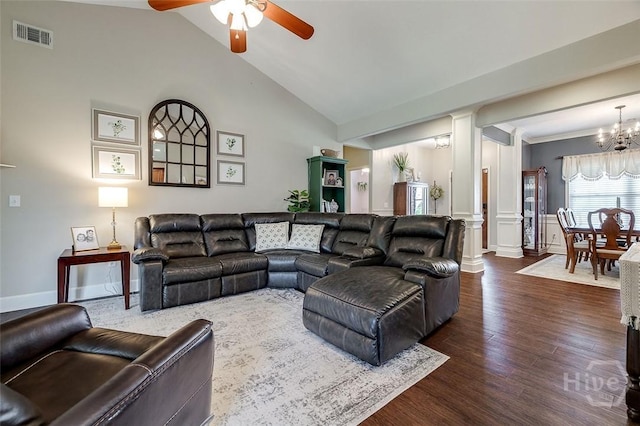 109 Oaklawn Dr, Rincon, GA 31326 - living room with a ceiling fan, dark wood-style flooring, a chandelier, and high vaulted ceiling