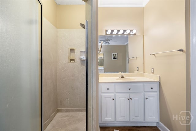 209 Saint James Walk, Guyton, GA 31312 - full bath featuring a shower stall, crown molding, vanity, and ceiling fan