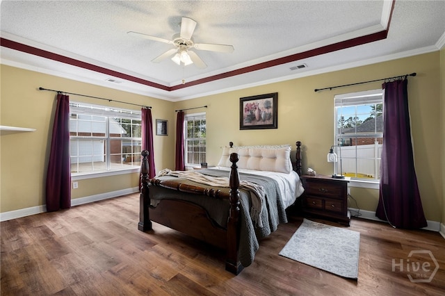 209 Saint James Walk, Guyton, GA 31312 - bedroom featuring a raised ceiling, a textured ceiling, ornamental molding, wood finished floors, and multiple windows