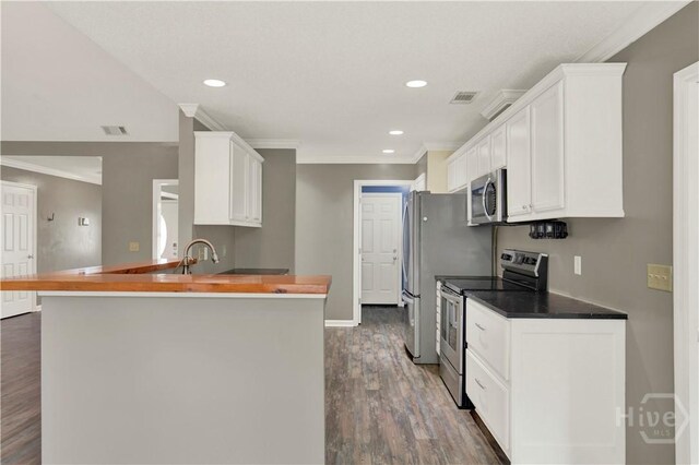 29 Joy Ln, Midway, GA 31320 - kitchen featuring appliances with stainless steel finishes, ornamental molding, white cabinets, a peninsula, and dark wood-type flooring