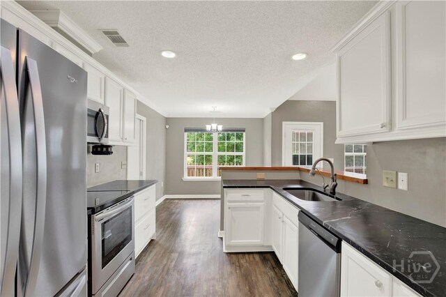 29 Joy Ln, Midway, GA 31320 - kitchen featuring appliances with stainless steel finishes, a sink, a textured ceiling, a chandelier, and dark wood-style floors