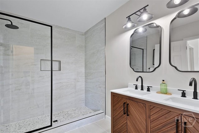 98 Picket Row, Savannah, GA 31410 - bathroom with tiled shower, double vanity, and tile patterned flooring