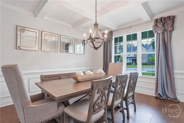 301 Highland Cir, Richmond Hill, GA 31324 - dining room with coffered ceiling, a chandelier, beamed ceiling, wainscoting, and ornamental molding