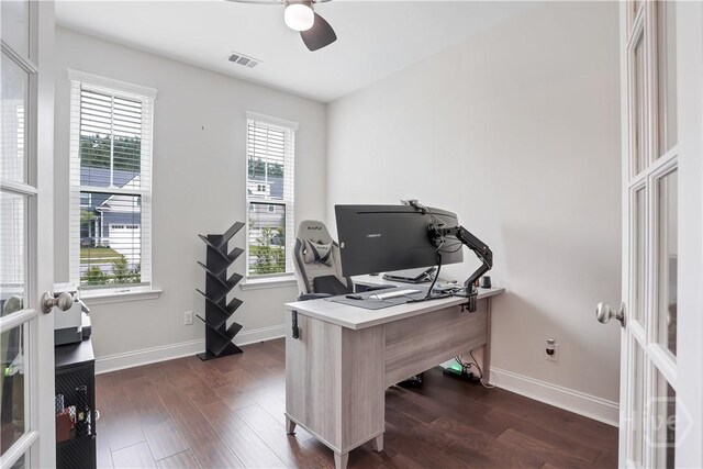 301 Highland Cir, Richmond Hill, GA 31324 - office space featuring a ceiling fan, dark wood-type flooring, and baseboards