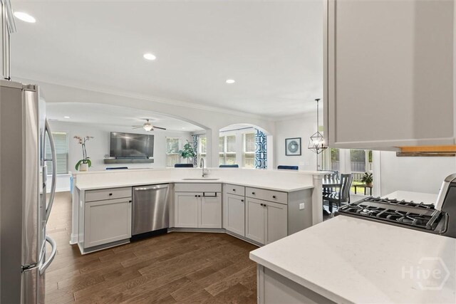 301 Highland Cir, Richmond Hill, GA 31324 - kitchen featuring appliances with stainless steel finishes, open floor plan, a sink, ceiling fan, and dark wood-style flooring