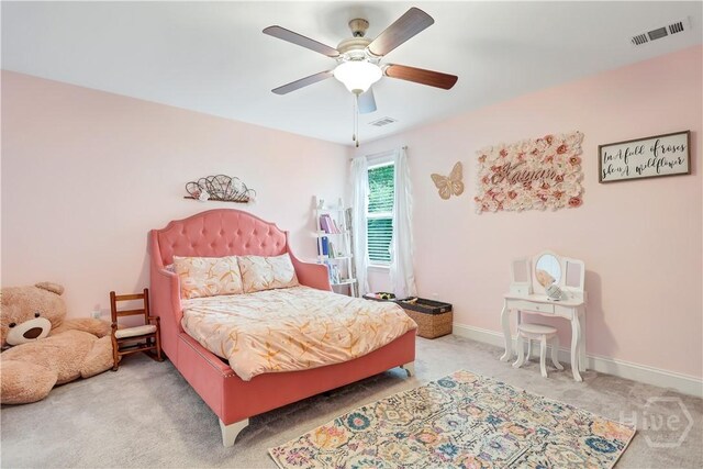 301 Highland Cir, Richmond Hill, GA 31324 - bedroom with light colored carpet, ceiling fan, and baseboards