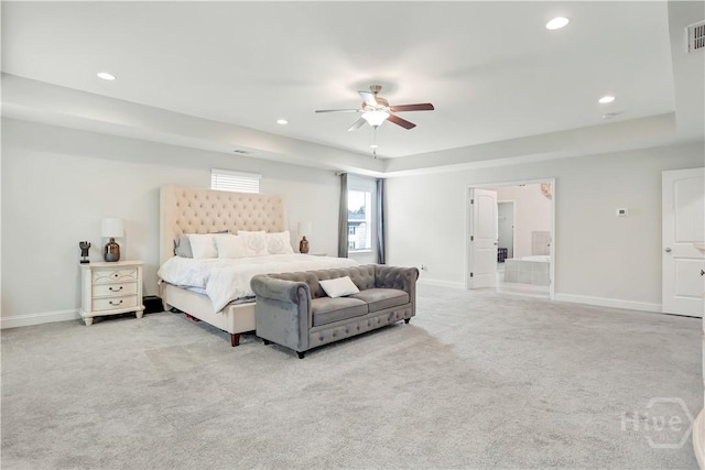 301 Highland Cir, Richmond Hill, GA 31324 - bedroom with carpet, recessed lighting, baseboards, a tray ceiling, and ceiling fan
