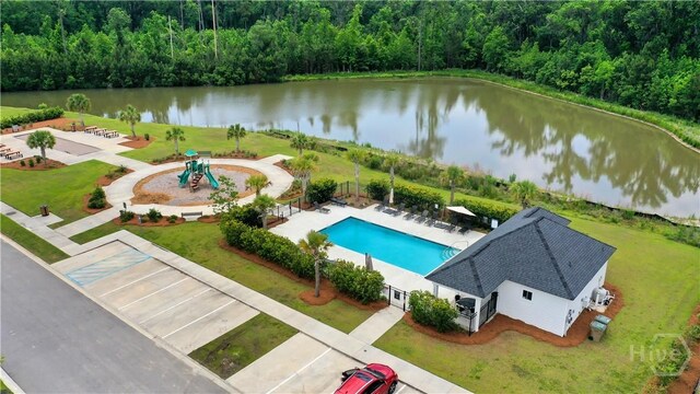 301 Highland Cir, Richmond Hill, GA 31324 - drone / aerial view of a forest, a large body of water, and a pool area
