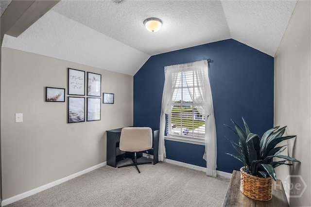 26 Sunflower Cir NE, Ludowici, GA 31316 - office area with a textured ceiling, lofted ceiling, carpet flooring, and baseboards