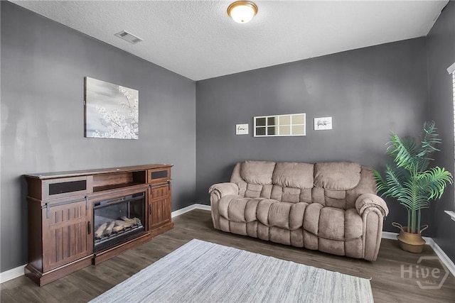 26 Sunflower Cir NE, Ludowici, GA 31316 - living area with dark wood-type flooring, baseboards, a glass covered fireplace, and a textured ceiling