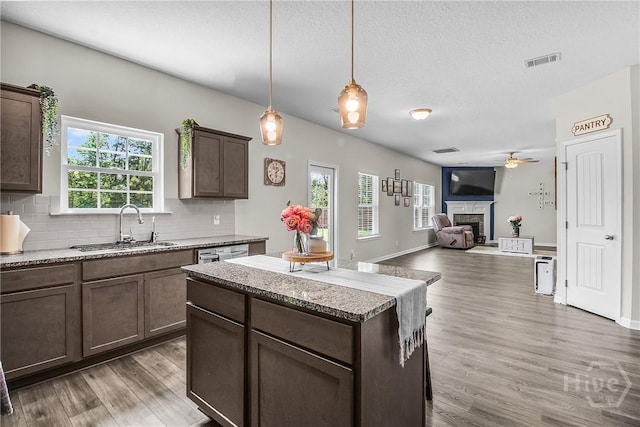 26 Sunflower Cir NE, Ludowici, GA 31316 - kitchen featuring a sink, a fireplace, light wood-type flooring, a ceiling fan, and backsplash