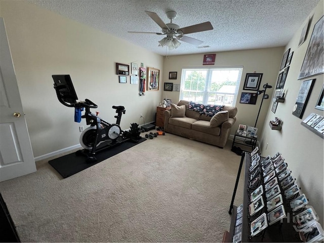 103 Travertine Cir, Savannah, GA 31419 - exercise area featuring ceiling fan, carpet floors, a textured ceiling, and baseboards