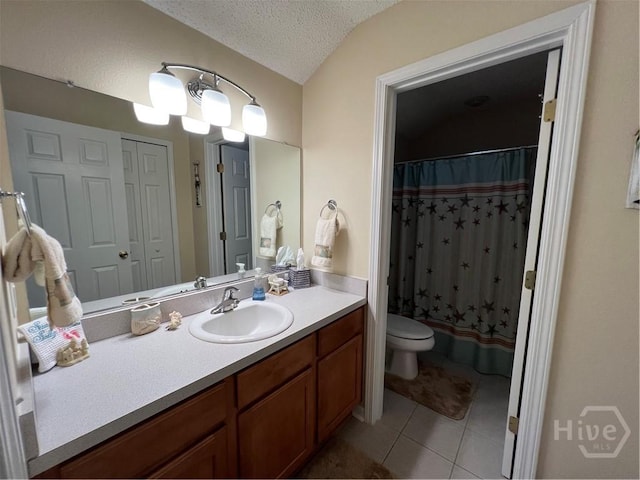 103 Travertine Cir, Savannah, GA 31419 - bathroom featuring toilet, vanity, tile patterned floors, lofted ceiling, and a shower with shower curtain