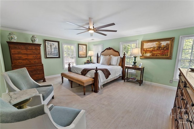 320 Wedgefield Xing, Savannah, GA 31405 - bedroom featuring baseboards, light carpet, crown molding, and a ceiling fan