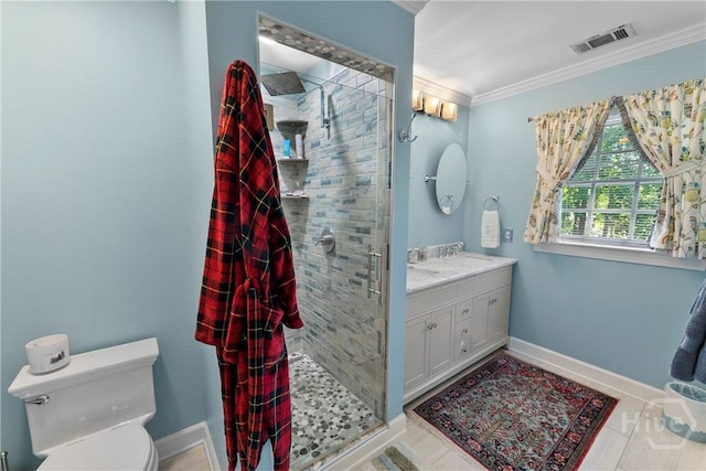 320 Wedgefield Xing, Savannah, GA 31405 - bathroom featuring vanity, a stall shower, toilet, crown molding, and baseboards