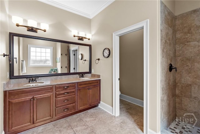 325 Shadow Moss Cir, Richmond Hill, GA 31324 - bathroom featuring ornamental molding, double vanity, and tiled shower